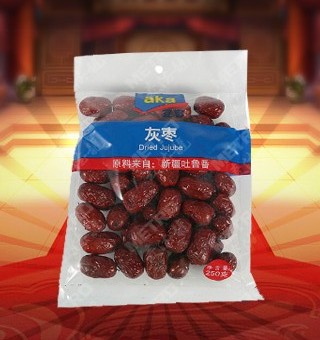 宜客(AKA)灰棗產自新疆吐魯番250g每袋，精選優質新疆吐魯番紅棗為原料，經先進工藝精心制作而成，個大皮薄，核小肉厚，輕松享受。