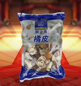 廚之選(HORECA SELECT)橘皮產(chǎn)自浙江臺州500g每袋，本產(chǎn)品精心挑選上等的橘皮等原材料制作而成，品質(zhì)純正天然，讓您食用的放心。本產(chǎn)品采用的是塑料質(zhì)地包裝，簡潔大方，食用簡單，是您廚房的好幫手。本產(chǎn)品加入到菜肴中去可以讓其味道濃郁，口感醇厚鮮香，給您帶來美妙的味覺盛宴。