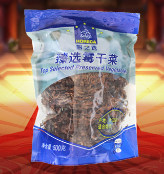 廚之選(HORECA SELECT)臻選霉干菜產(chǎn)自浙江紹興500g每袋，蕭山霉干菜是浙江省紹興市夾灶鄉(xiāng)的漢族傳統(tǒng)名菜。夾灶原屬紹興縣，故歷來以“紹興霉干菜”為名。此產(chǎn)品由大葉芥加工而成，色澤烏黑，香氣濃郁，味美質(zhì)嫩，久貯不變，是一種常年食用的大眾化食品州，霉干菜一般用芥菜、尚未抽苔的白菜和油菜等腌制后曬干制成。