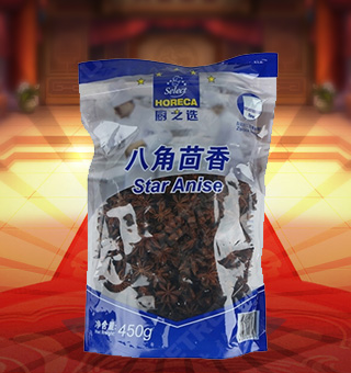廚之選(HORECA SELECT)八角茴香產(chǎn)自廣西玉林450g每袋，本產(chǎn)品精心挑選上等的食用鹽、八角茴香原材料制作而成，品質(zhì)純正天然，讓您食用的放心。本產(chǎn)品采用的是塑料質(zhì)地包裝，簡潔大方，食用簡單，是您廚房的好幫手。本產(chǎn)品加入任何的菜肴后讓其味道濃郁，口感醇厚鮮香，給您帶來美妙的味覺盛宴。